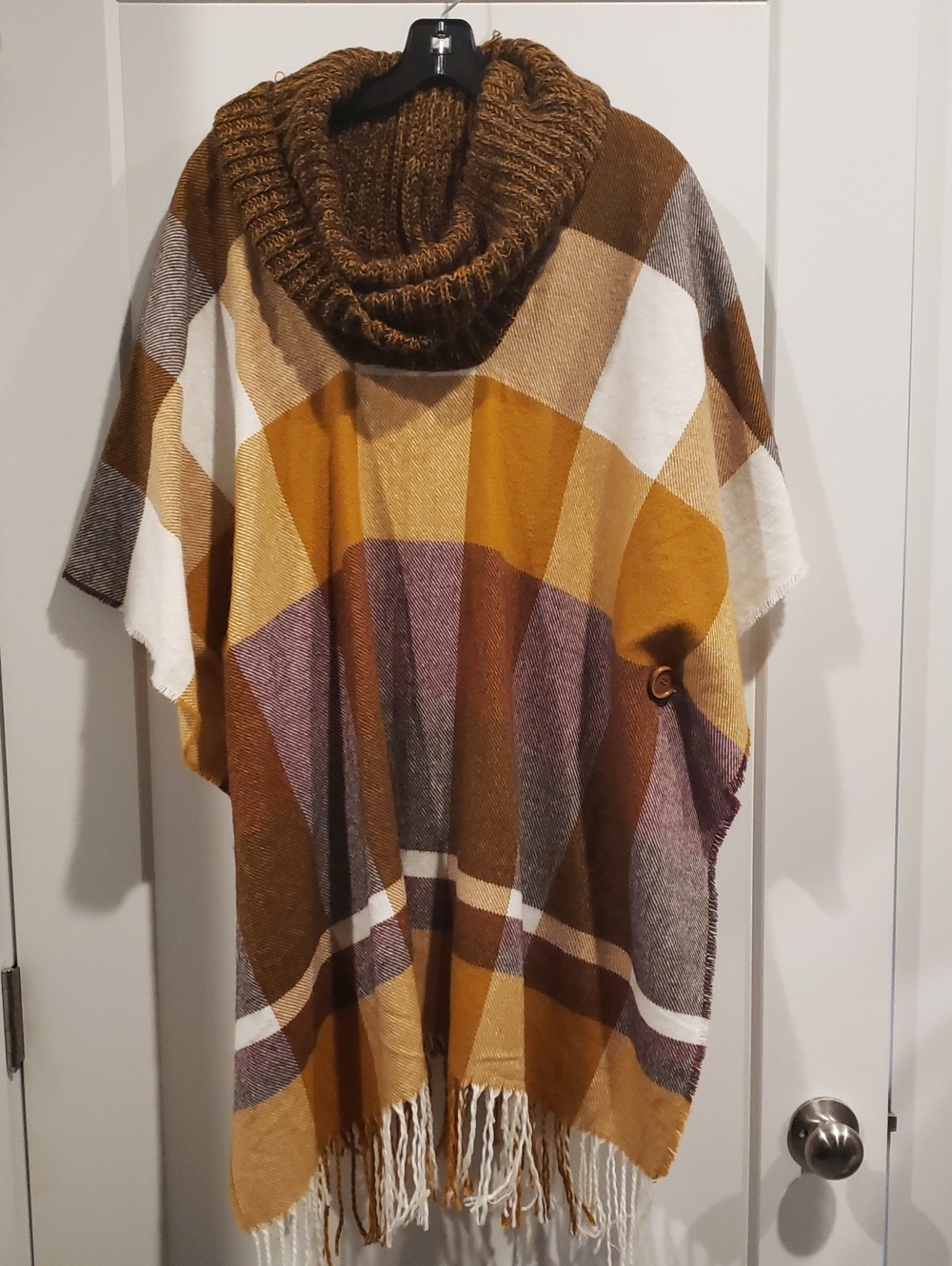Cato Mustard, Brown & Cream Plaid Cowl Neck Poncho